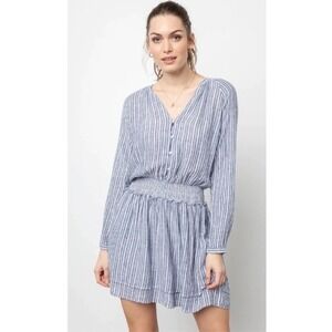Rails Jasmine Azure Stripe Linen Blend Mini Dress Size L Long Sleeve
